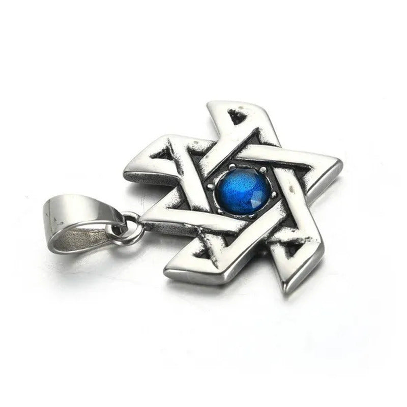 Stainless Steel Retro Six-Pointed Star Blue Ruby Pendant Titanium Steel Men'S