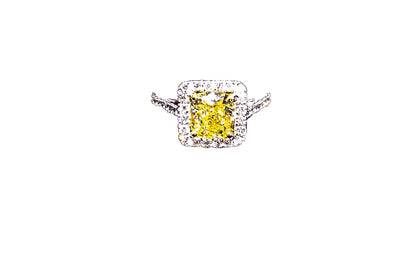 GIA CERTIFIED FANCY LIGHT YELLOW VS1 SQUARE CUSHION SHAPE SET ROUND DIAMOND RING