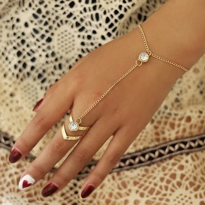 Vintage Gold Big Crystal Ring Bracelet Wrist Chain Jewelry Fashion Hand Back Ban