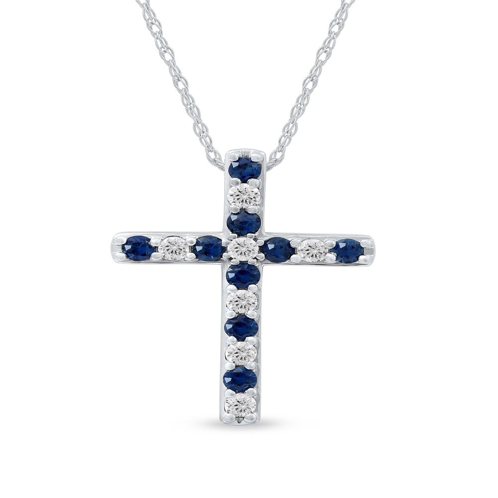 Imperial Gemstone 10K White Gold round Cut Blue Sapphire 1/5CT TW Diamond Cross
