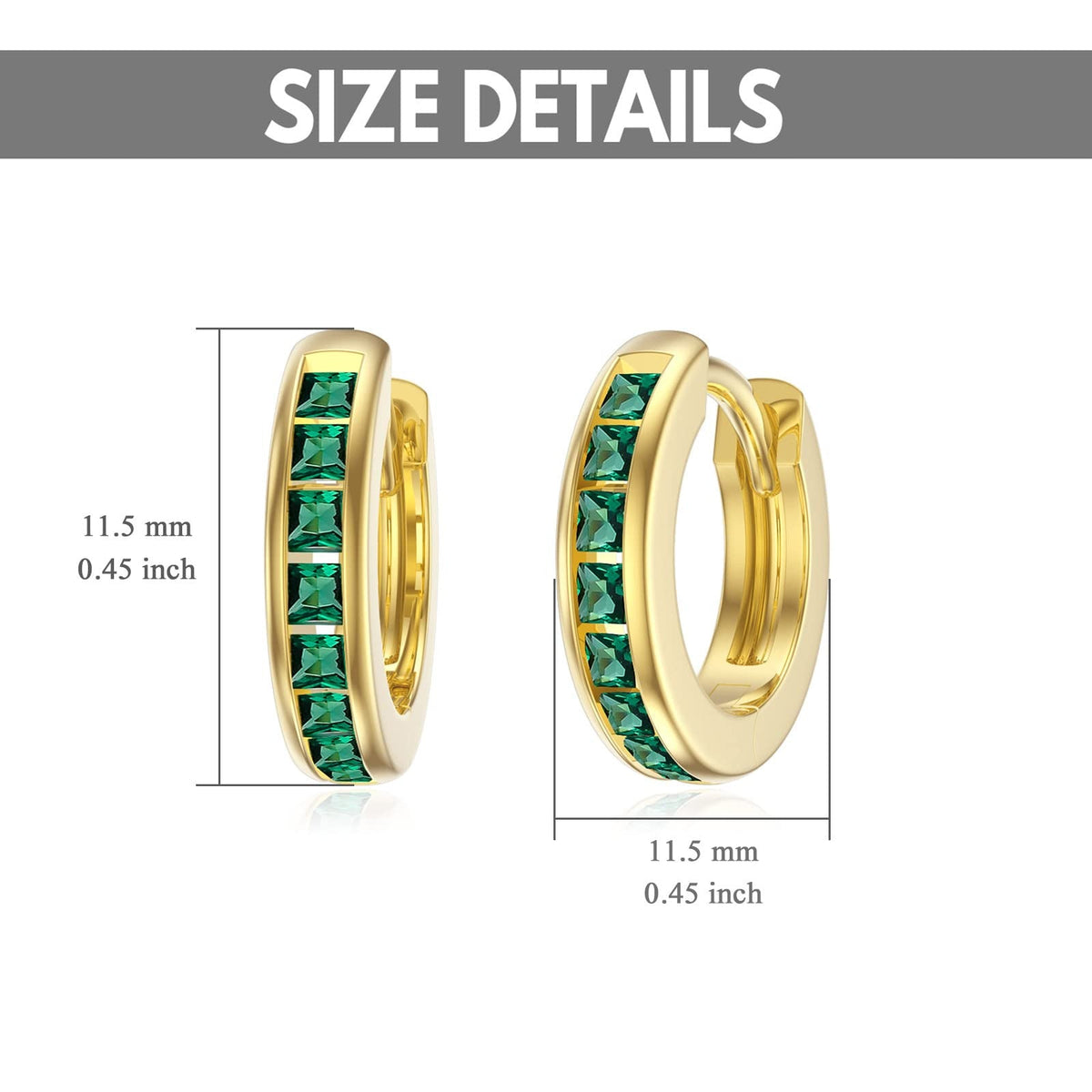 14K Gold Green Emerald Hoops Earrings for Women 11.5Mm