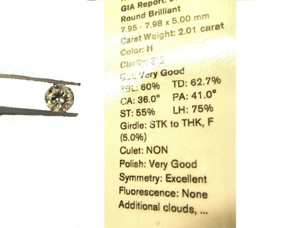 GIA ROUND BRILLIANT H COLOR GRADE SI2 CLARITY GRADE IDEAL SHAPE LOOSE DIAMOND