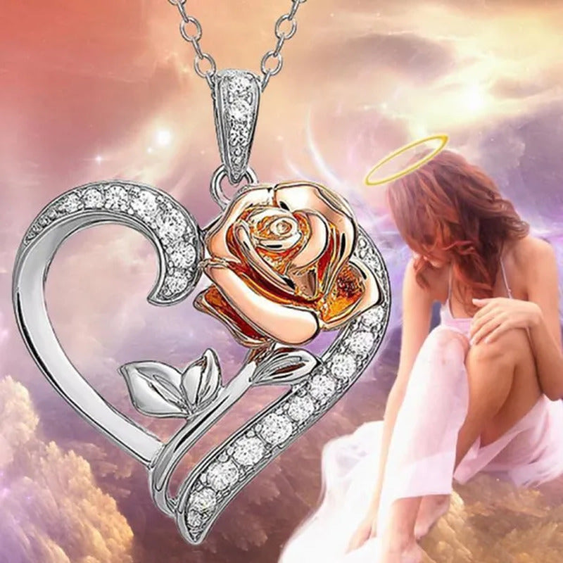 Exquisite Fashion Heart Rose Zircon Necklace Couple Heart Pendant Engagement Nec