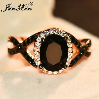Exquisite Rose Gold Plated Large Oval Stone X Ring Women Filled Black Zircon Cry