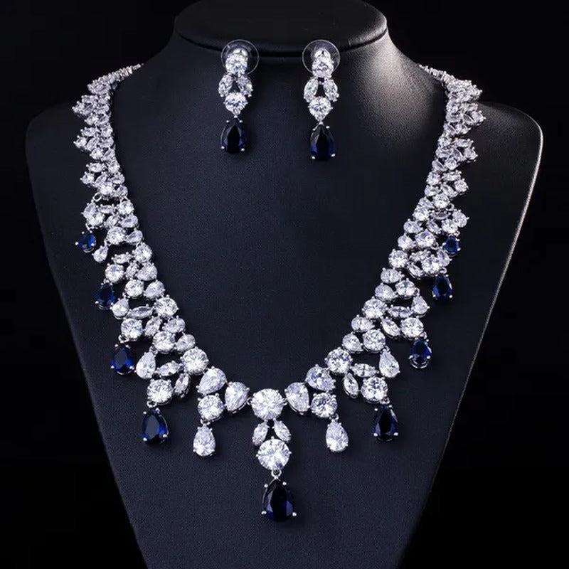 CANDICE Gorgeous Multi Cut CZ Diamond Water Drop Tassel Necklace Earrings Set Hi