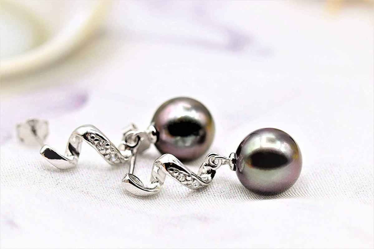 Elegant AAA Quality Genuine 8.5-9.5Mm Tahitian Black Pearl Dangle Drop Earrings