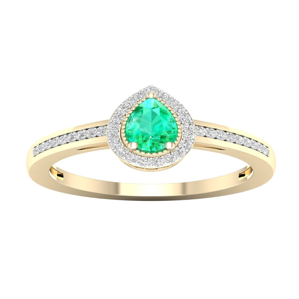 Imperial Gemstone 10K Yellow Gold Pear Emerald 1/8 CT TW Diamond Halo Women'S Ri