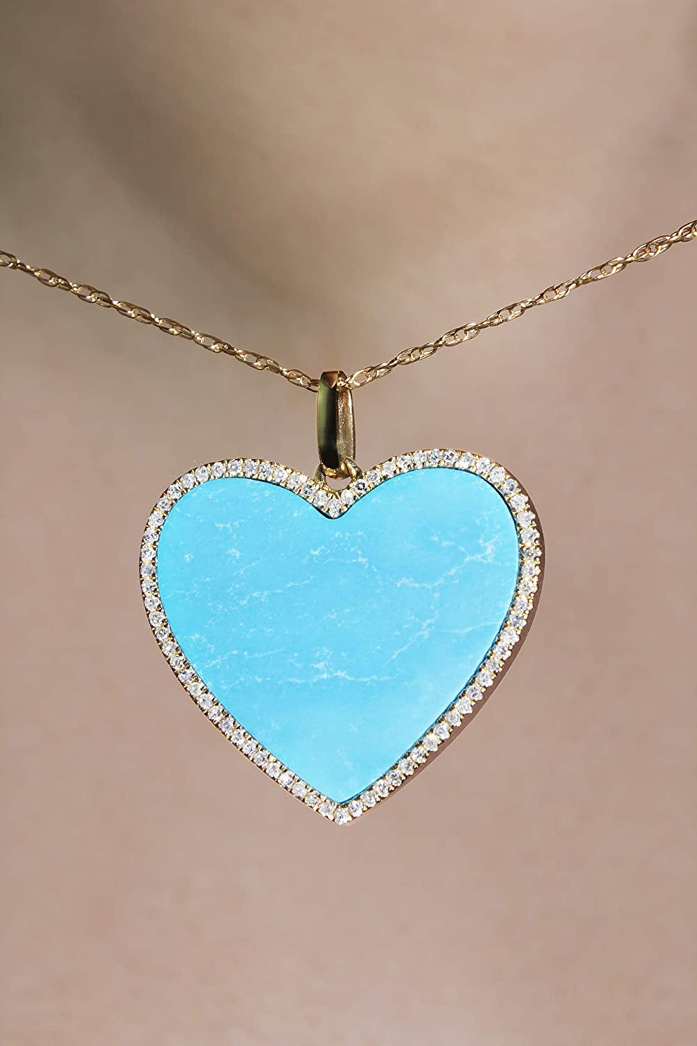 1/6 Carat Diamond and Turquoise or Blue Lapis Heart Pendant Necklace for Women i