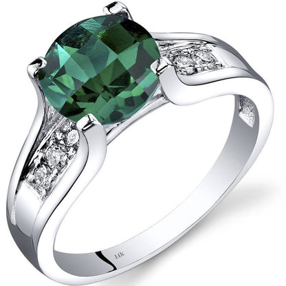 1.75 Ct round Green Created Emerald Solitaire Ring with Diamond in 14K White Gol