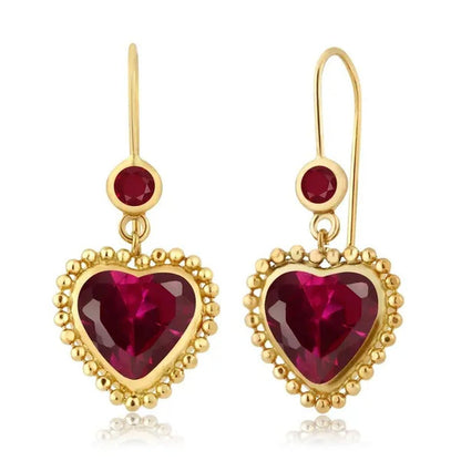 Gem Stone King 4.66 Ct Heart Shape Red Created Ruby Red Ruby 14K Yellow Gold Ear
