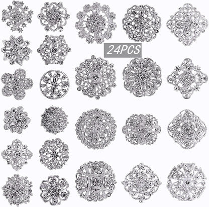 Lot 24PCS Wedding Bouquet Brooches Kit Shiny Rhinestone Crystal Brooch Pin Set f