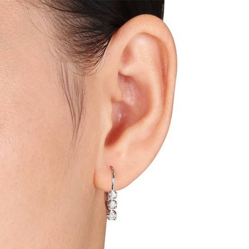 1/2Ct 3 Stone Diamond Hoops Lever Back Earrings 14K White Gold
