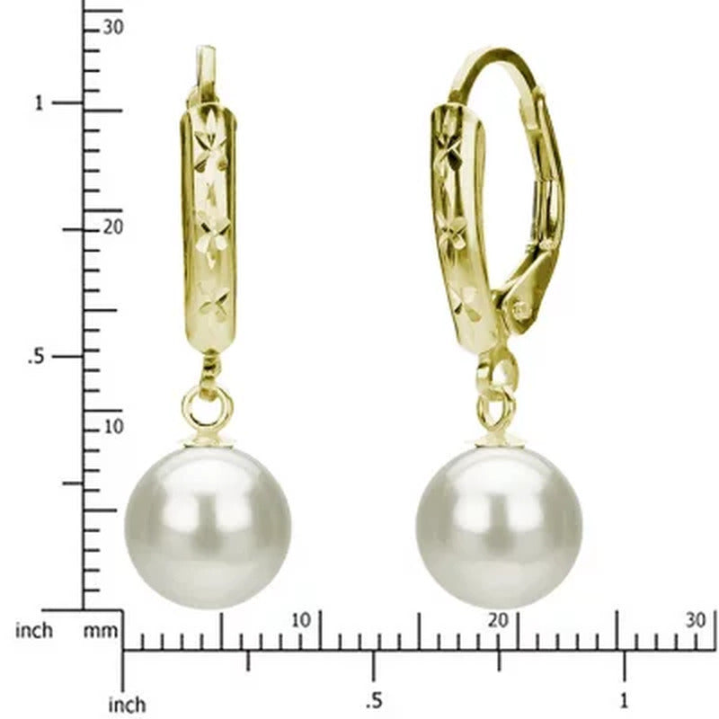 7-8Mm Freshwater Pearl Diamond Cut Leveback Earrings in 14K Yellow Gold