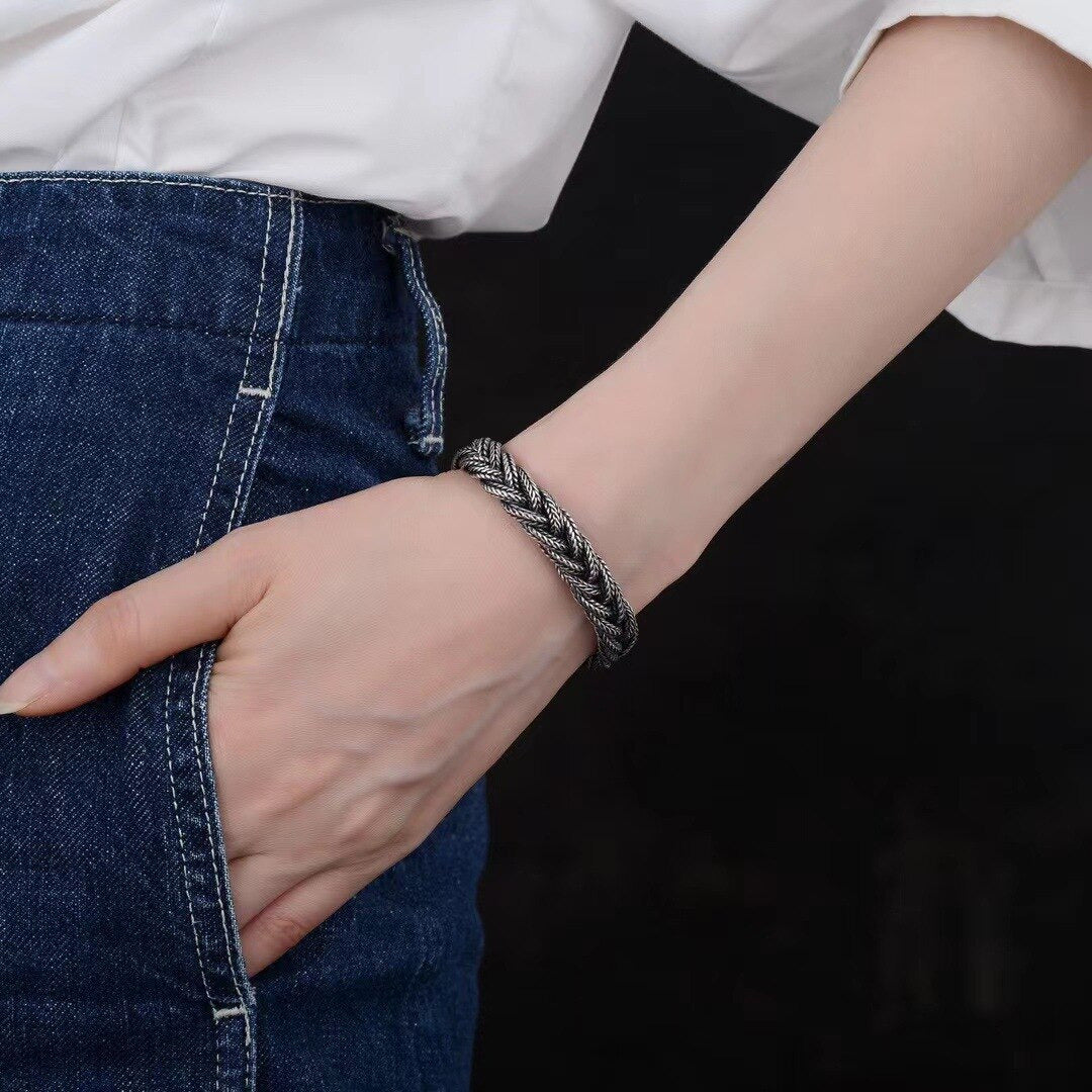 Real S925 Silver Jewelry Retro Heavy Industry Pure Handmade Woven Twist Bracelet