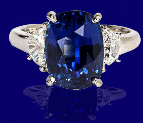 Natural No Heat Sapphire cushion 6.16 ct and Diamond .66 ct half moon Ring