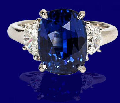 Natural No Heat Sapphire cushion 6.16 ct and Diamond .66 ct half moon Ring