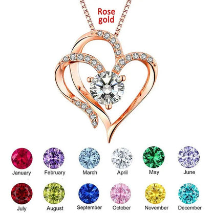 Double Heart Birthmonth Lucky Pendant Necklace for Women 12 Months Birthstone Di