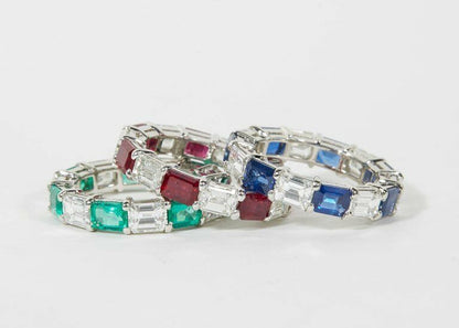 Emerald Sapphire Ruby and Diamond Emerald Cut Eternity Bands