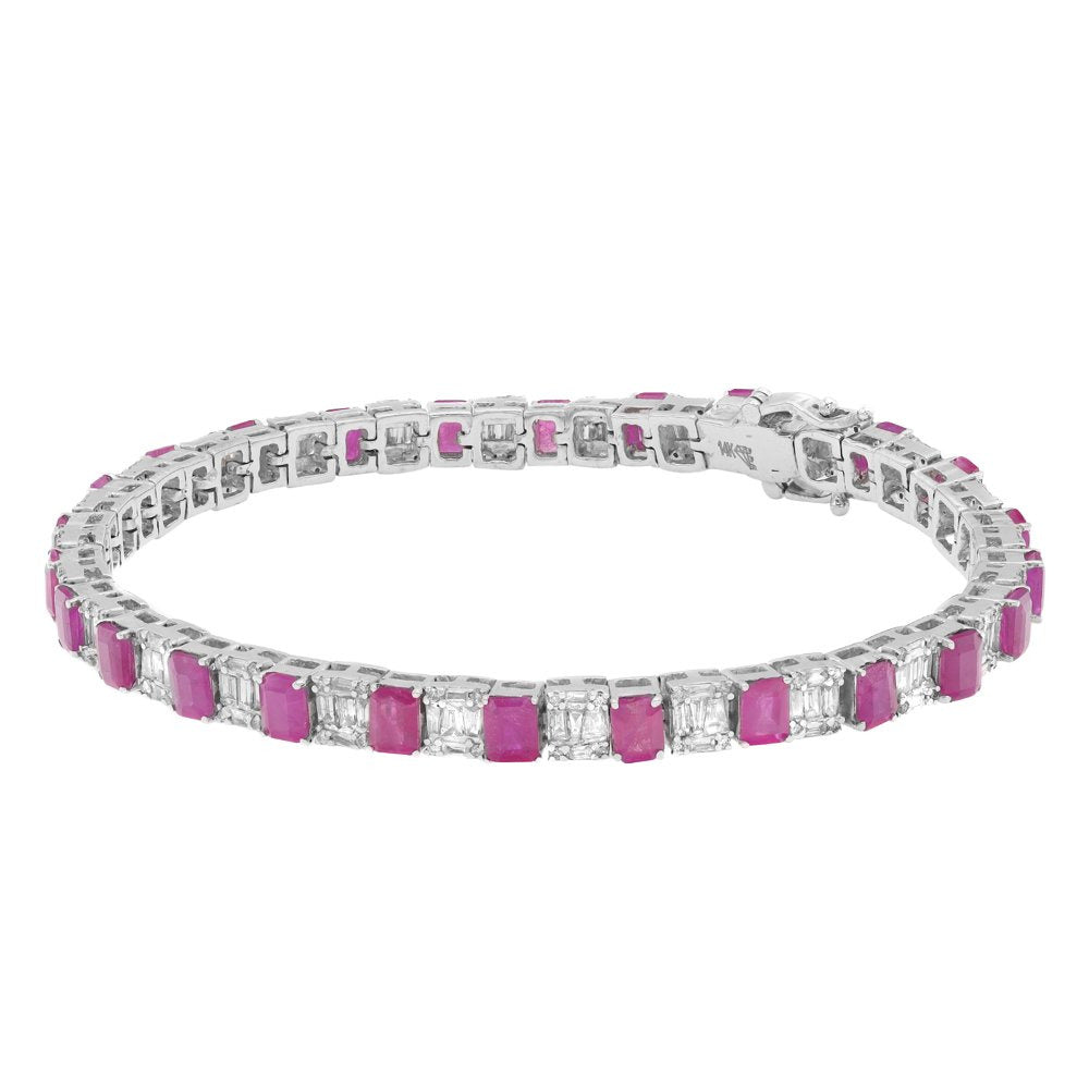 Emerald Cut Ruby and Diamond Tennis Bracelet 14K White Gold 7 Inches