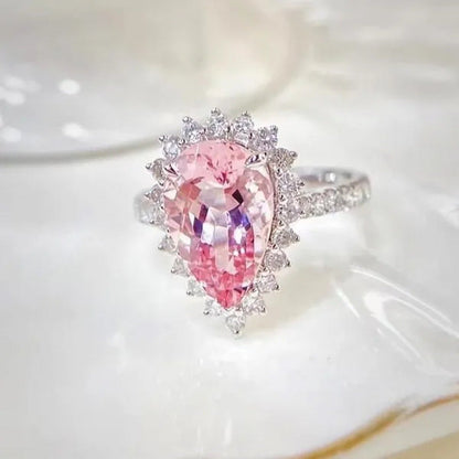 Luxurious High-Quality Flower Shaped Silver Inlaid Dazzling Pink Zircon Women'S