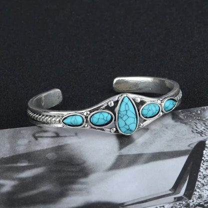 Women Vintage Jewelry Soild Sterling Natural Gemstone Turquoise Bracelet Adjusta