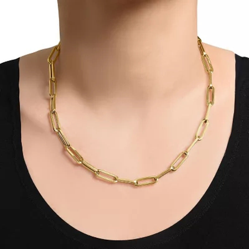 Large Hollow Paperclip Necklace 18", in 14K Yellow Gold