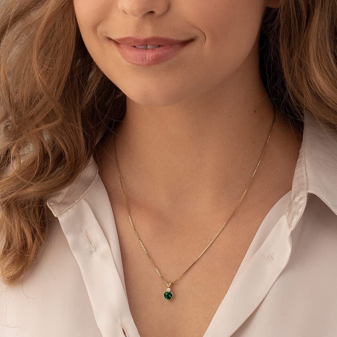 Created Emerald with Genuine Diamond Pendant in 14 Karat Yellow Gold, Heart Shap