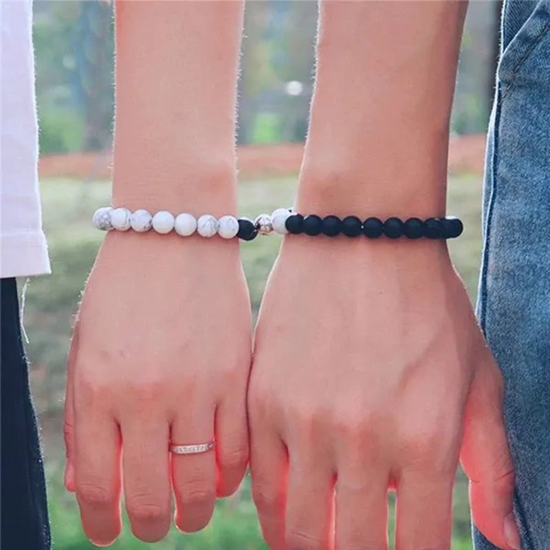 Black Frosted White Turquoise Couple Bracelet Magnet Attraction Beaded Bracelet