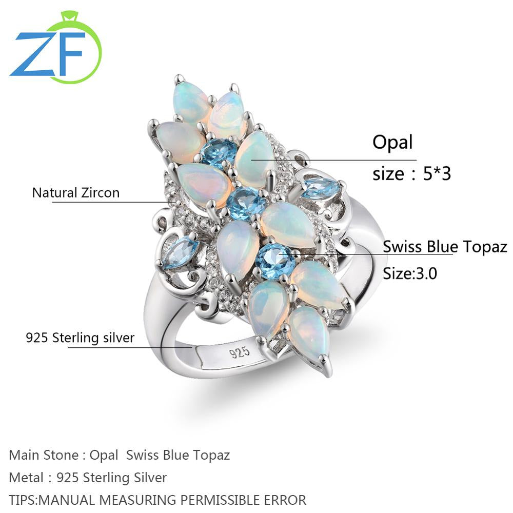 Original 925 Sterling Silver Rings for Women Natural Pear Opal Blue Topaz Gem