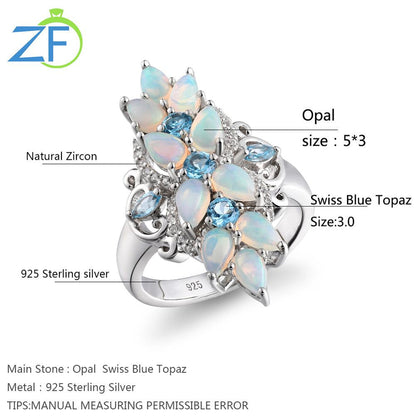 Original 925 Sterling Silver Rings for Women Natural Pear Opal Blue Topaz Gem