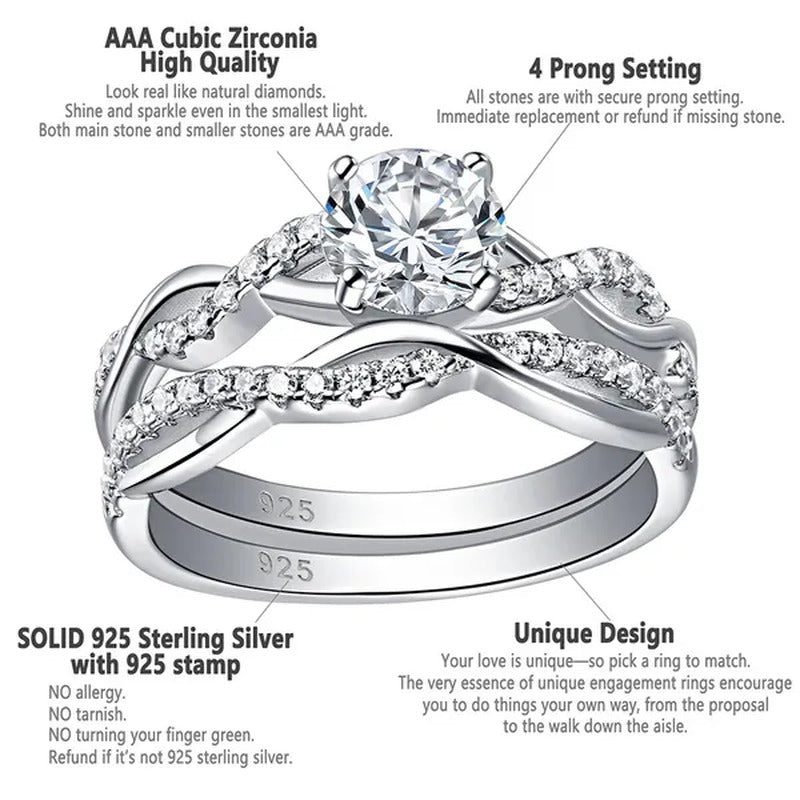 Newshe 2 Pcs 925 Sterling Silver Twist Cross Rings Wedding Engagement Ring Sets