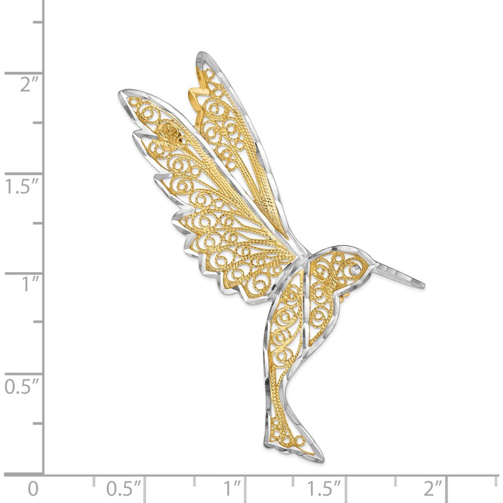 14K Yellow & Rhodium Diamond Cut Filigree Hummingbird Pin (54 X 35) Made in Turk