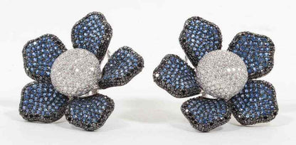 Large Sapphire Diamond Flower Ear Clips