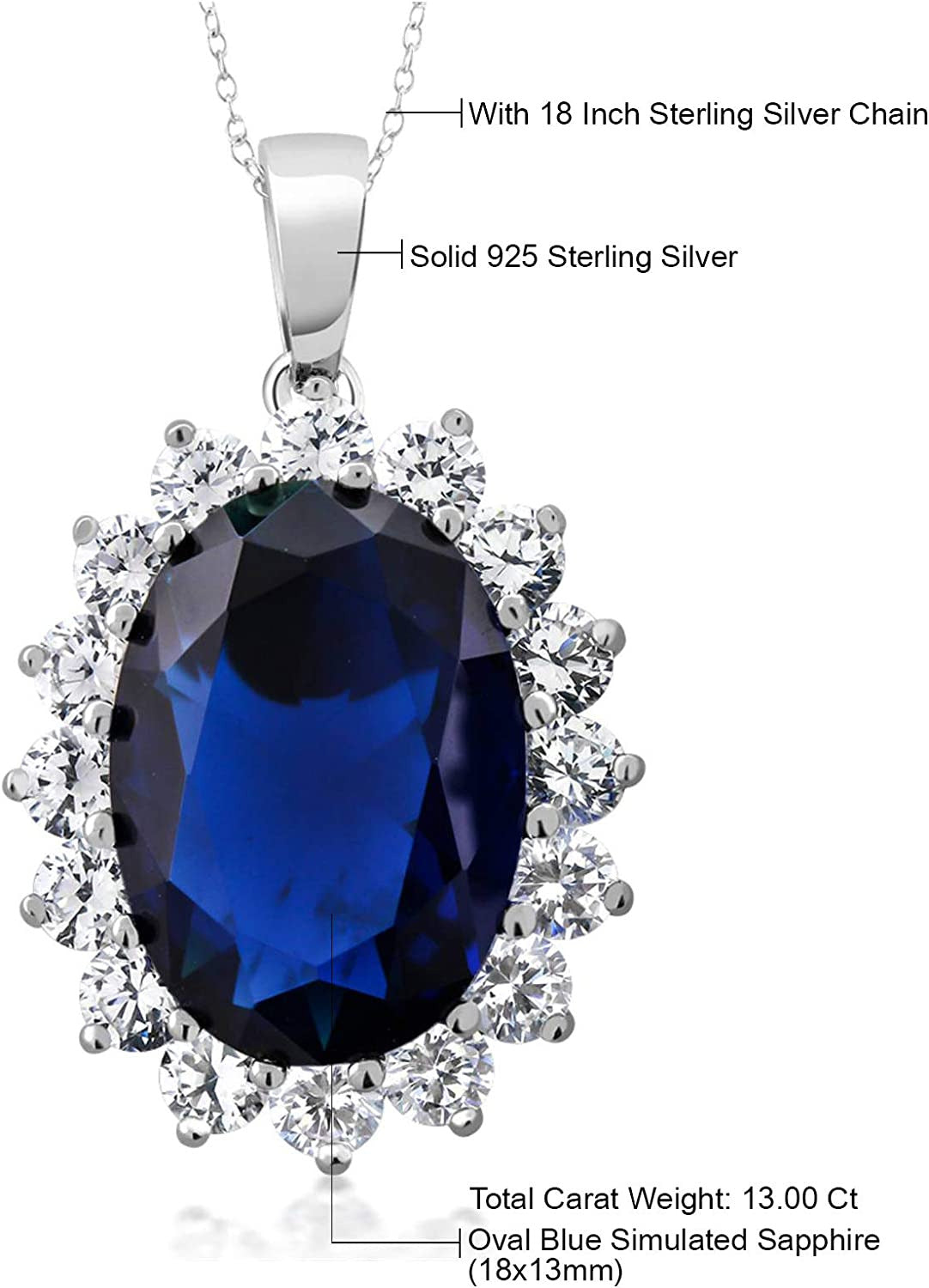 925 Sterling Silver Blue Simulated Sapphire Pendant Necklace for Women (13.00 Ct