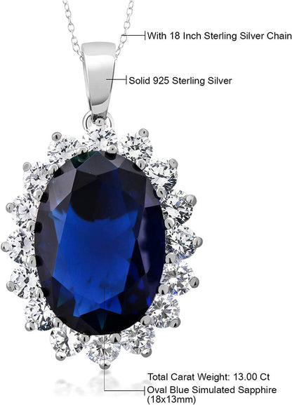 925 Sterling Silver Blue Simulated Sapphire Pendant Necklace for Women (13.00 Ct