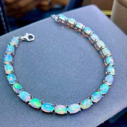Natural Opal Simple Bracelet 925 Sterling Silver Colorful Stone Bangle for Women