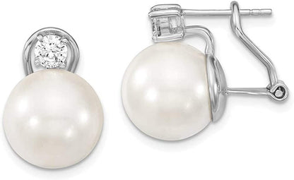 Sterling Silver White Imitation Shell Pearl Cubic Zirconia Omega Back Earrings (