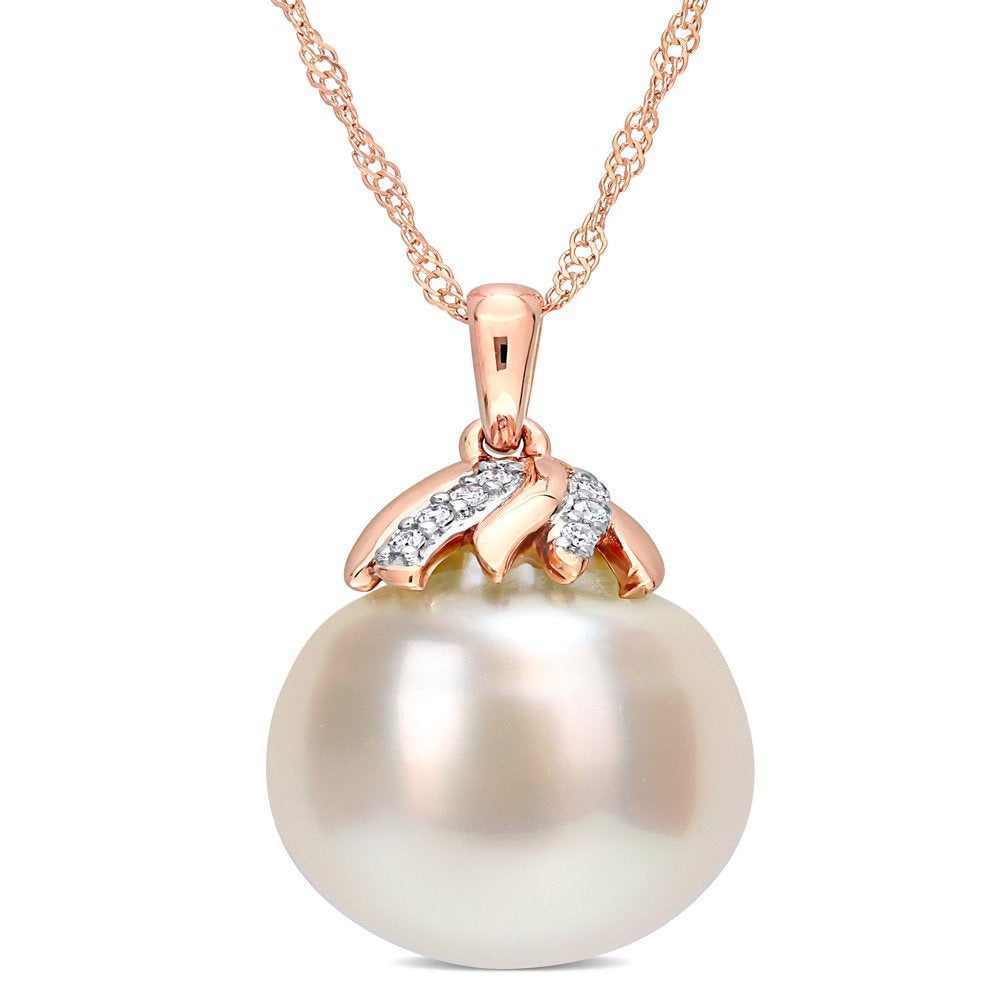 9-10Mm Drop South Sea Cultured Freshwater Pearl and Diamond Accent 14Kt Rose Gol
