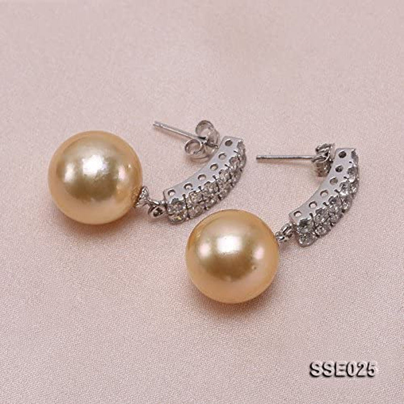 Classic Drop Earrings AAA Quality Gorgeous Genuine 12.2Mm round Golden South Sea