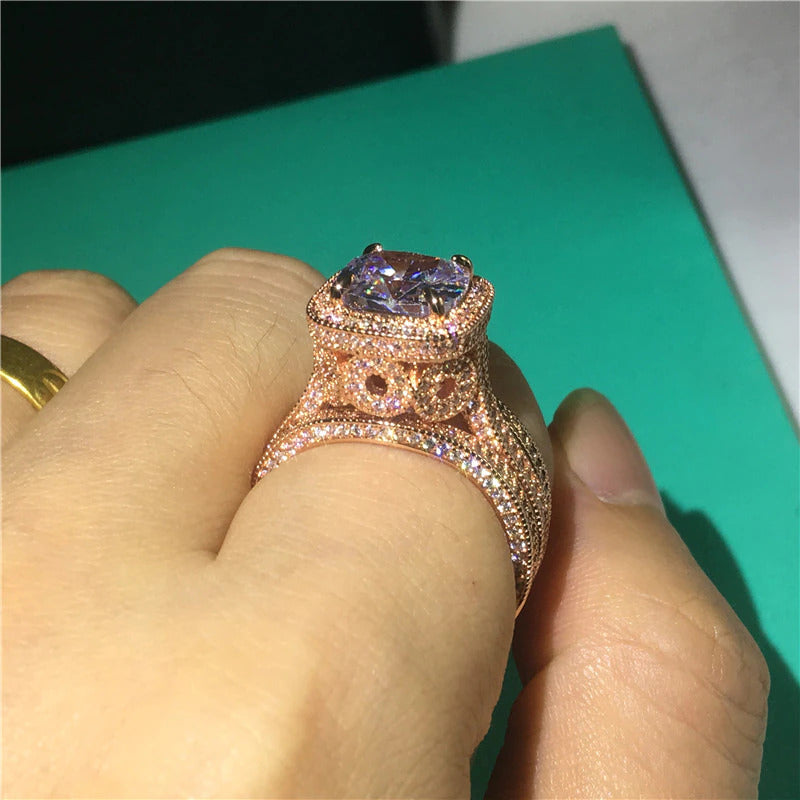 18K Rose Gold Vintage 3-In-1 Diamond Cz Ring Set 925 Sterling Silver Jewelry