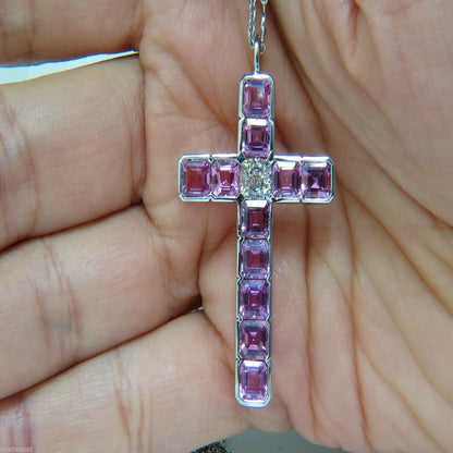 18KT GIA 10.41CT NATURAL PINK SAPPHIRE DIAMOND CROSS PENDANT NECKLACE