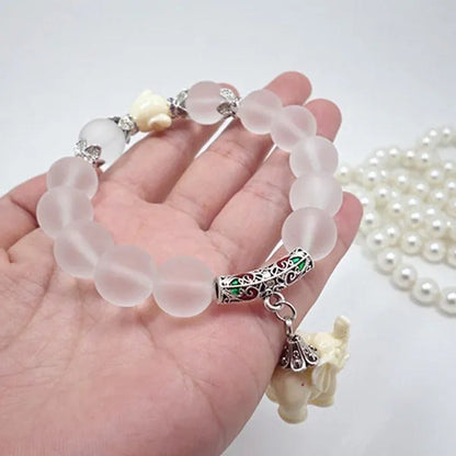 Elephant Frosted White Quartz Crystal Bead Bracelet Buddhism Elephant Pendant