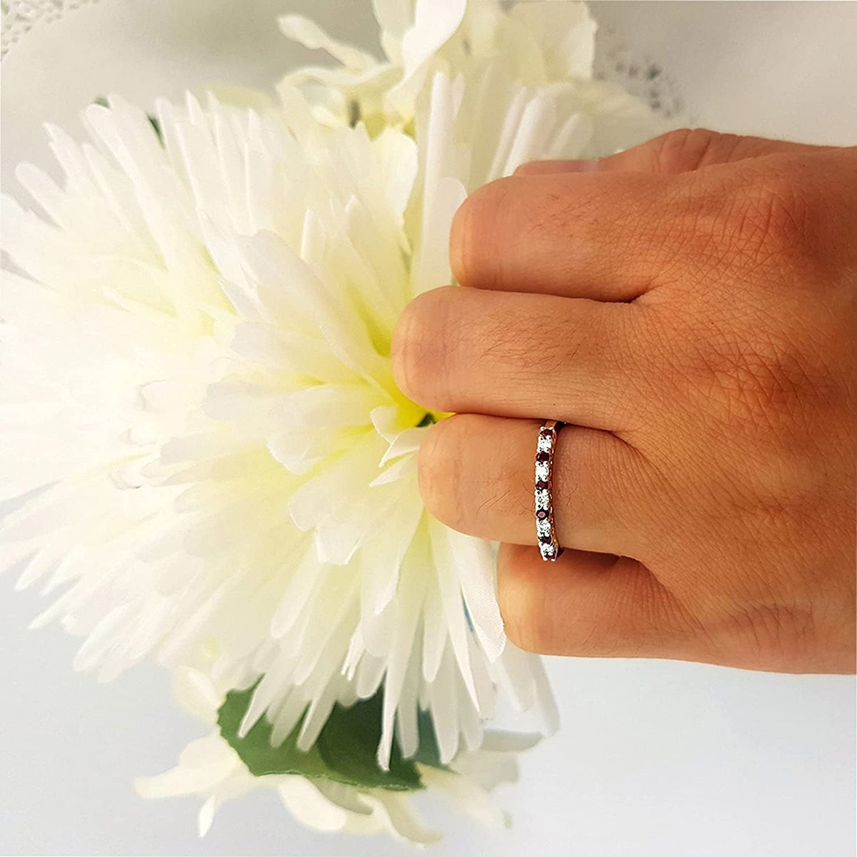 round Ruby and White Diamond Half round Ladies Anniversary Vintage Style Stackab