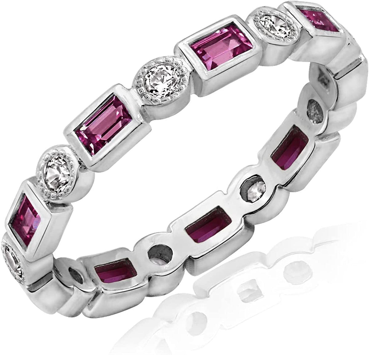 Platinum-Plated Sterling Silver Created or Genuine Gemstone All-Around Band Ring