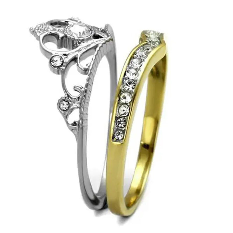 2 Tone Princess Royalty Crystal Crown Stainless Steel Wedding Ring Set Size 5-10