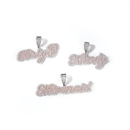 Custom Name Necklace Bubble Edwardian Script Letter Iced Out White Pink CZ