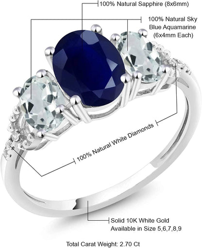 10K White Gold Oval Blue Sapphire Sky Blue Aquamarine and Diamond Accent 3-Stone