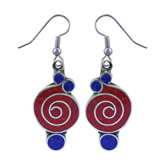Gorgeous Handmade Compressed Red Coral & Lapis Lazuli Gemstone Inlay Drop Dangle