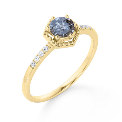Hexagon .65 Carat round Cut Natural Salt and Pepper Diamond Pave Accent Minimali