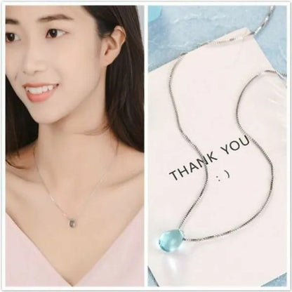 Simple Blue Crystal Teadrop Pendant Clavicle Chain Necklace Womens Jewellery
